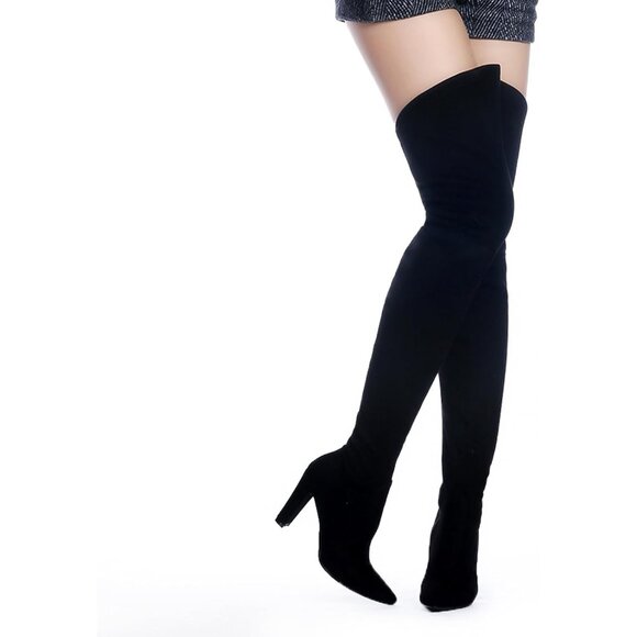 Women Suede Black Stretch Thigh High Over The Knee Chunky Heel Pointed Toe Boots - Picture 3 of 5